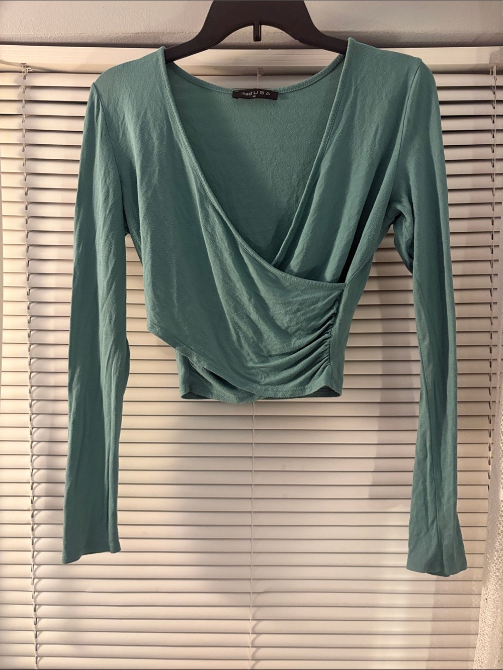 Wrap-Front Long Sleeve Crop Top - Seafoam Green